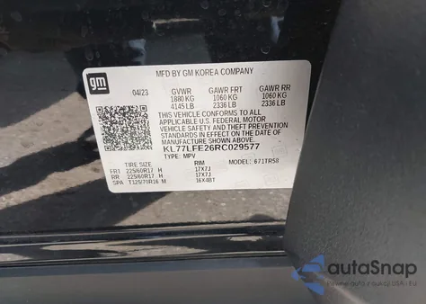 2024 Chevrolet Trax Fwd Sp из США, поврежденный, VIN KL77LFE26RC029577